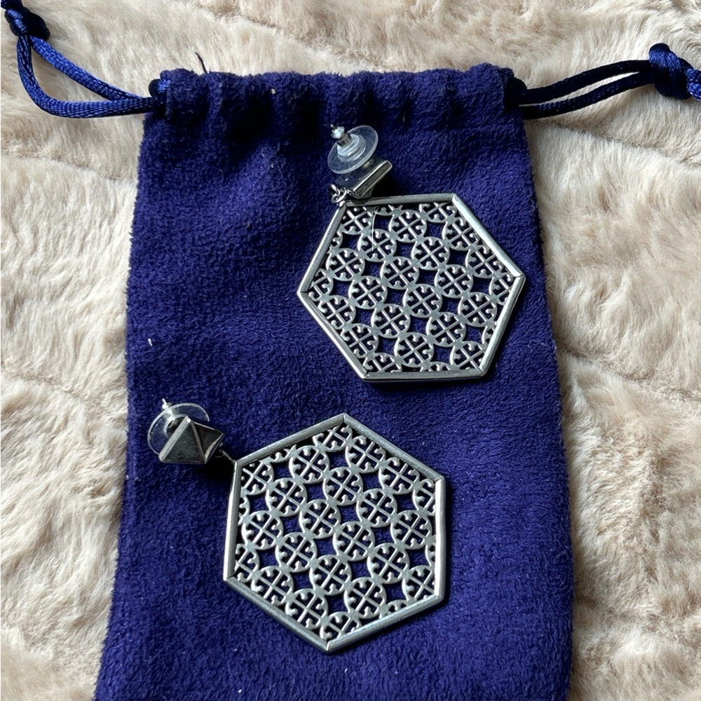 Tory Burch Elegant Silver Logo Hexagon Earrings